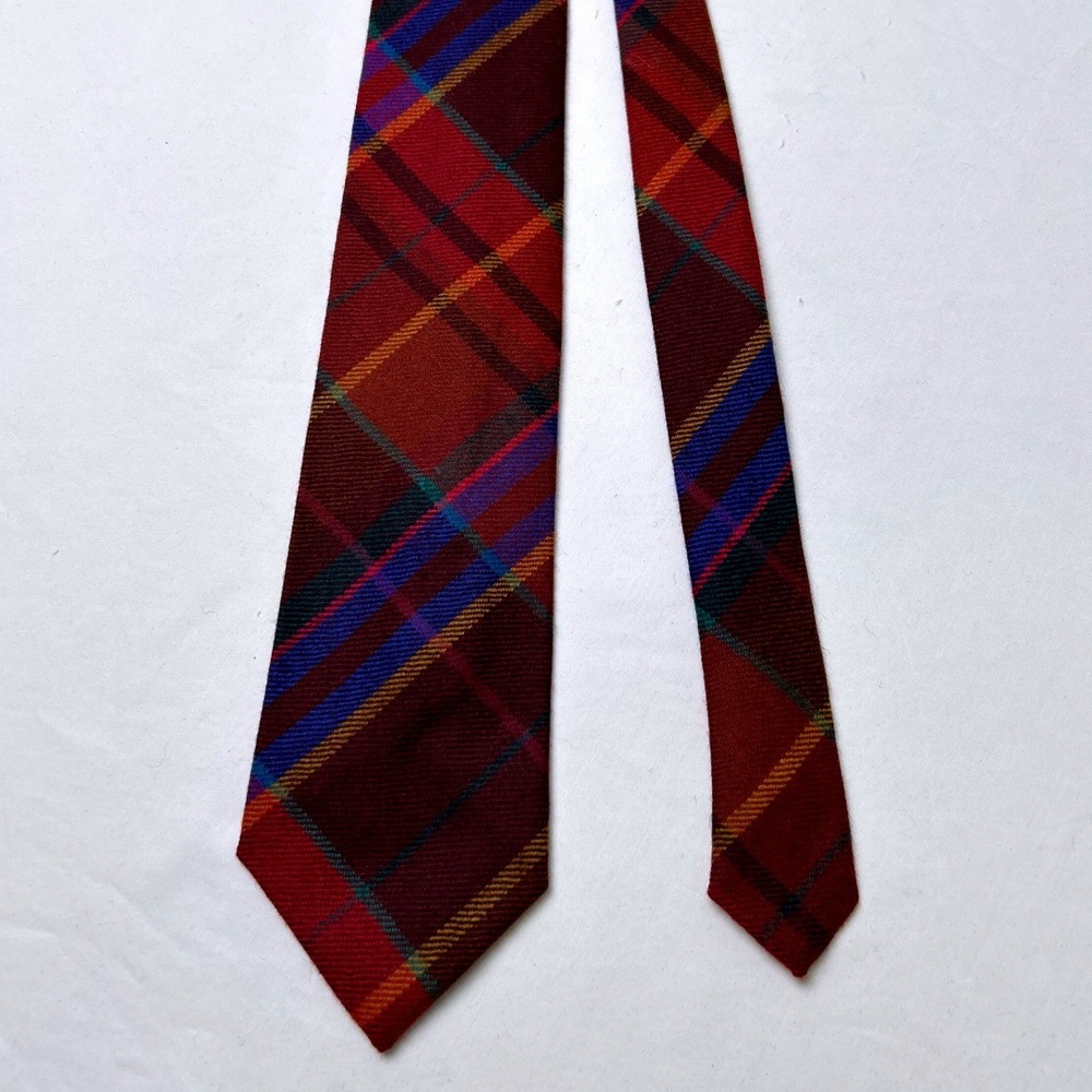 Polo Ralph Lauren Vintage Mens Plaid Wool Hand Made Necktie Burgundy Blue Preppy